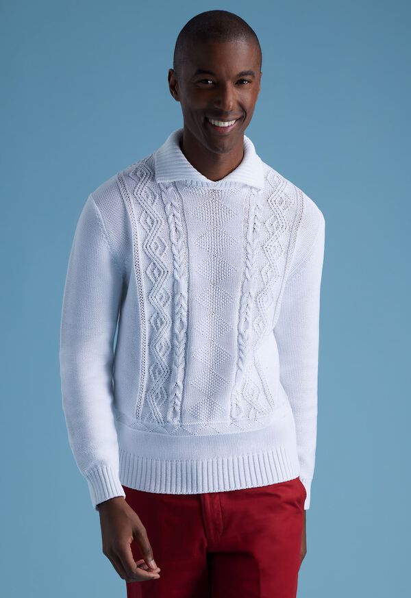 Paul Stuart Aran Cable Mock Neck Cotton White | NZ_PAUL44310