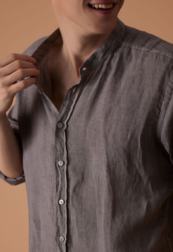 Paul Stuart Band Collar Washed Linen Grey Brown | NZ_PAUL48809