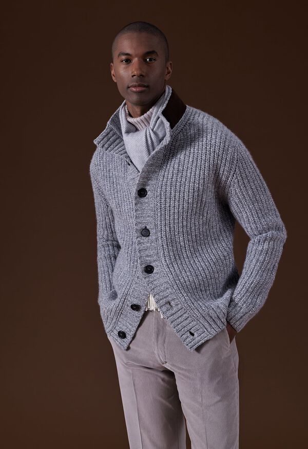 Paul Stuart Button Front Cardigan with Suede Trim Silver | NZ_PAUL83258