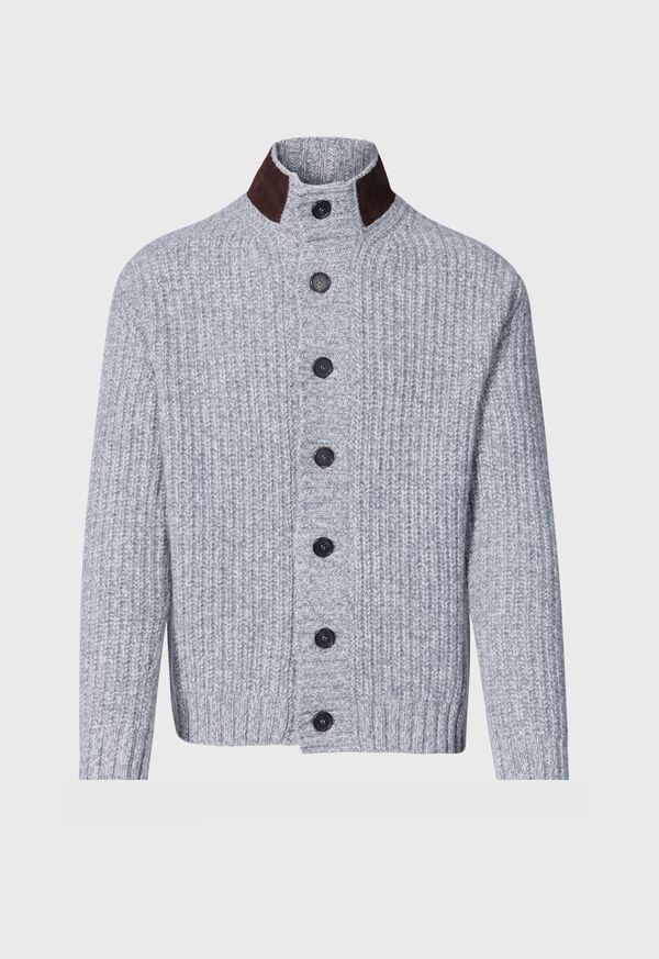 Paul Stuart Button Front Cardigan with Suede Trim Silver | NZ_PAUL83258