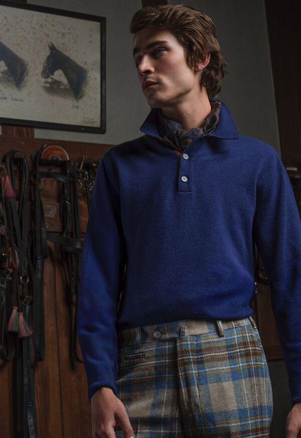 Paul Stuart Cashmere Long Sleeve Polo with Suede Blue / Olive | NZ_PAUL99689