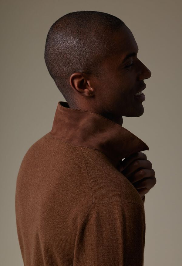 Paul Stuart Cashmere Long Sleeve Polo with Suede Brown / Lavender | NZ_PAUL43976