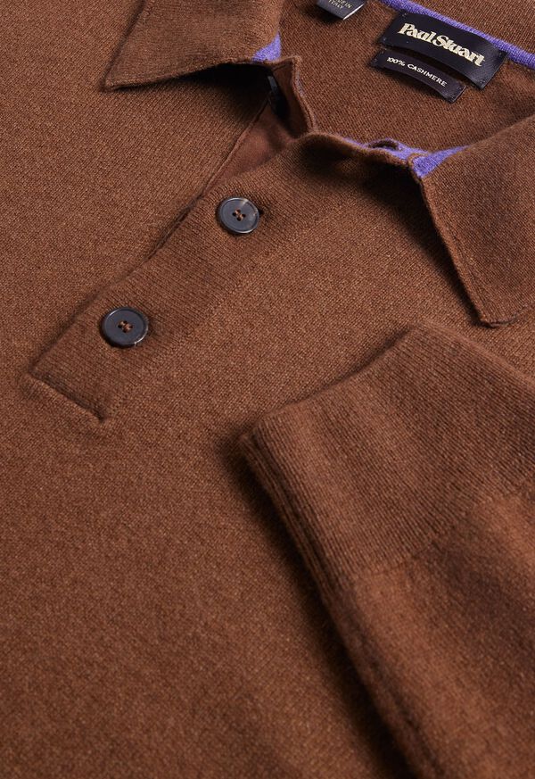Paul Stuart Cashmere Long Sleeve Polo with Suede Brown / Lavender | NZ_PAUL43976