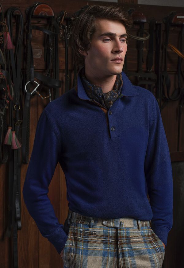 Paul Stuart Cashmere Long Sleeve with Suede Blue / Olive | NZ_PAUL84311