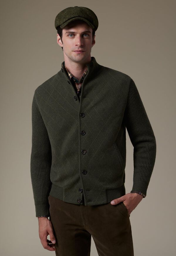 Paul Stuart Cashmere Quilted Button Front Cardigan Olive | NZ_PAUL44064