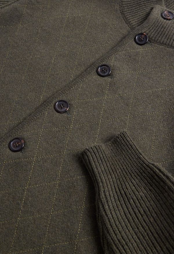 Paul Stuart Cashmere Quilted Button Front Cardigan Olive | NZ_PAUL44064