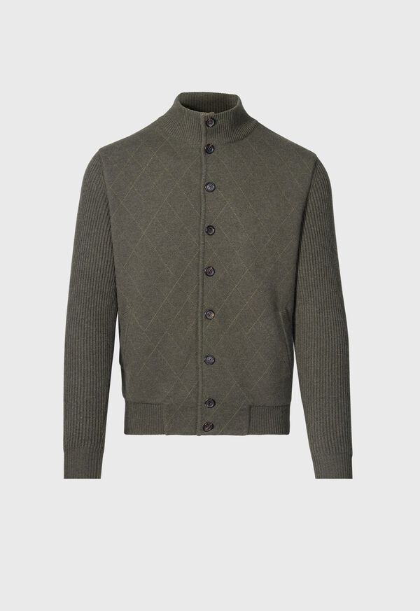 Paul Stuart Cashmere Quilted Button Front Cardigan Olive | NZ_PAUL44064
