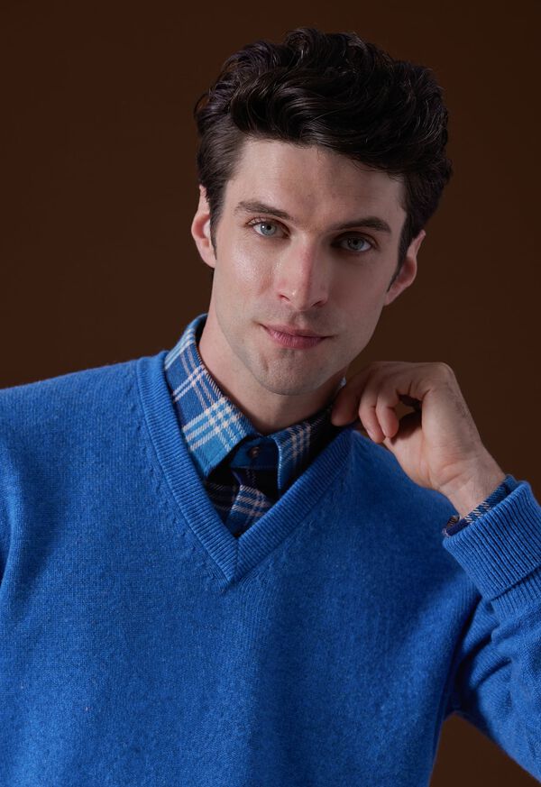 Paul Stuart Classic Cashmere Double Ply V-Neck Blue | NZ_PAUL93142