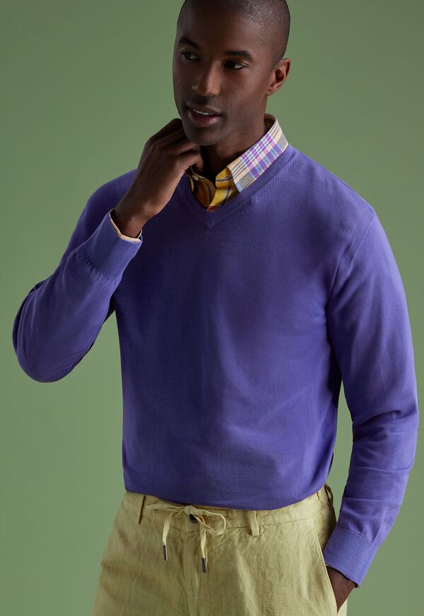 Paul Stuart Fine Gauge Cotton V-Neck Purple | NZ_PAUL79555