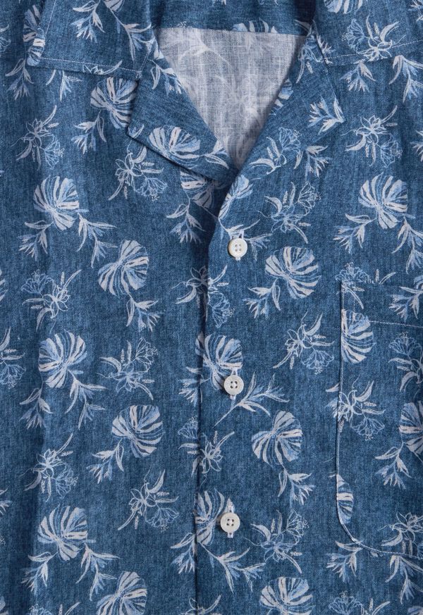 Paul Stuart Linen Leaf Print Camp Blue | NZ_PAUL62605