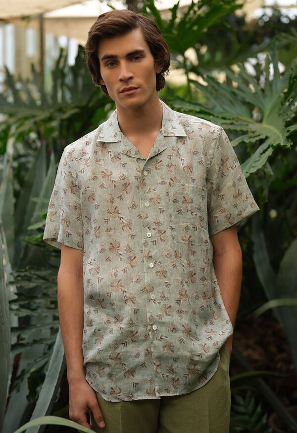 Paul Stuart Linen Leaf Print Camp Mint | NZ_PAUL56318