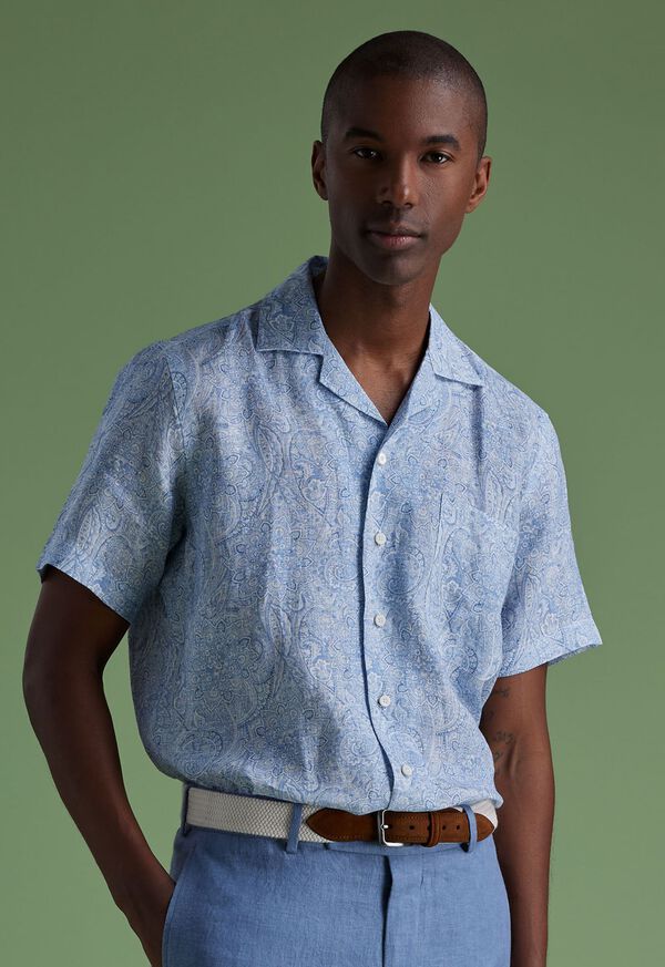 Paul Stuart Linen Paisley Print Camp Light Blue | NZ_PAUL98909