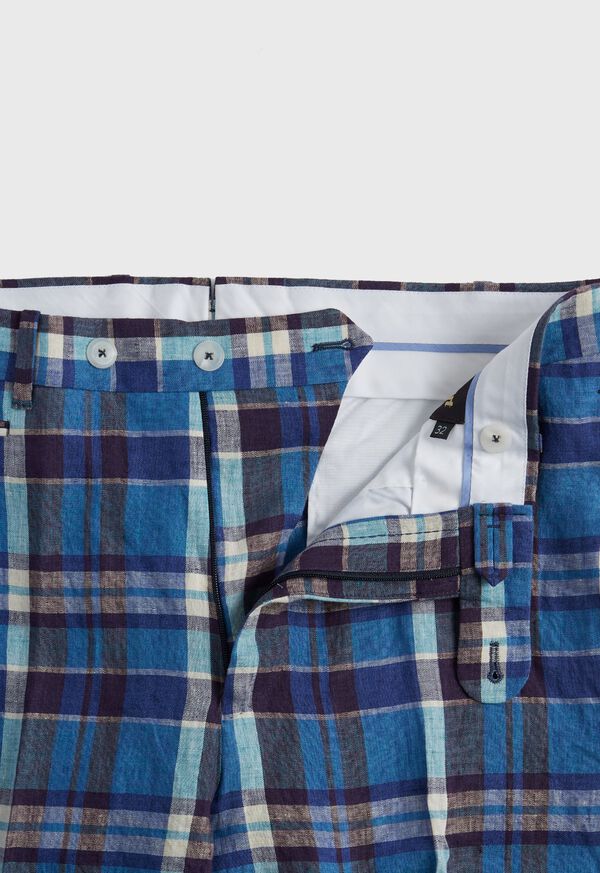 Paul Stuart Linen Plaid Plain Front Blue | NZ_PAUL70404