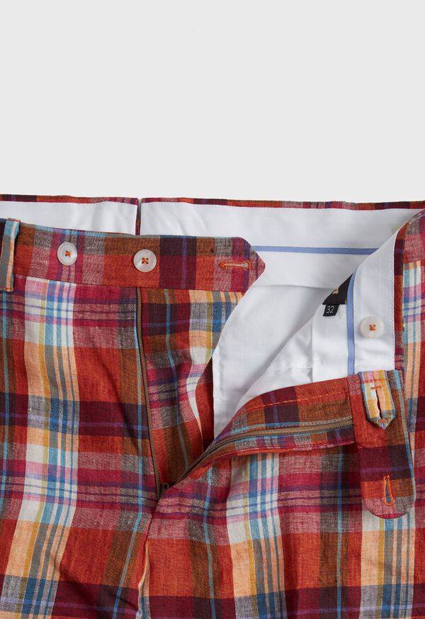Paul Stuart Linen Plaid Plain Front Red | NZ_PAUL80216