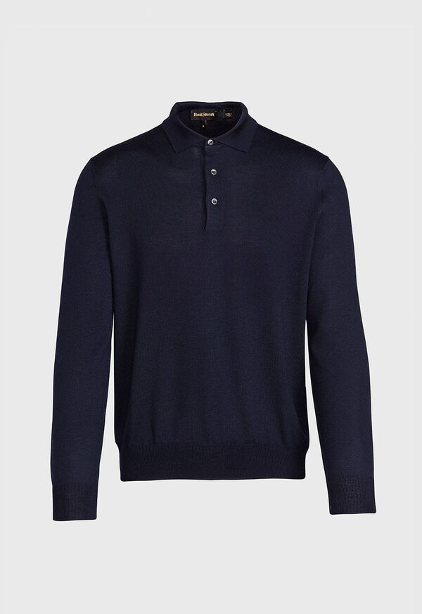 Paul Stuart Long Sleeve Merino Wool Polo Shirt Navy | NZ_PAUL46097