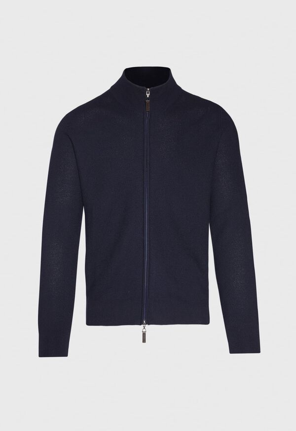 Paul Stuart Merino Wool Full Zip Rice Stitch Cardigan Navy | NZ_PAUL57211