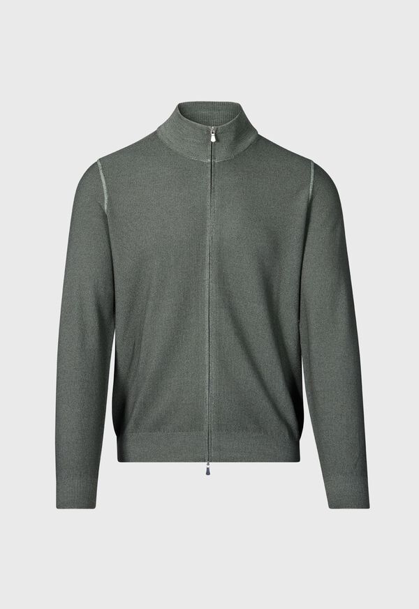 Paul Stuart Merino Wool Rice Stitch Zip Cardigan Olive | NZ_PAUL58130