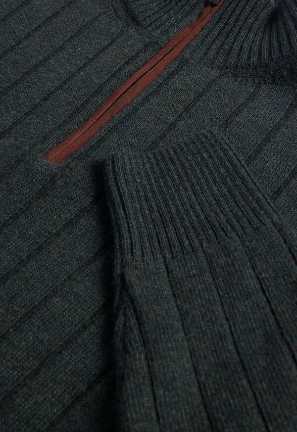 Paul Stuart Ribbed Quarter Zip with Suede Dark Green | NZ_PAUL69892