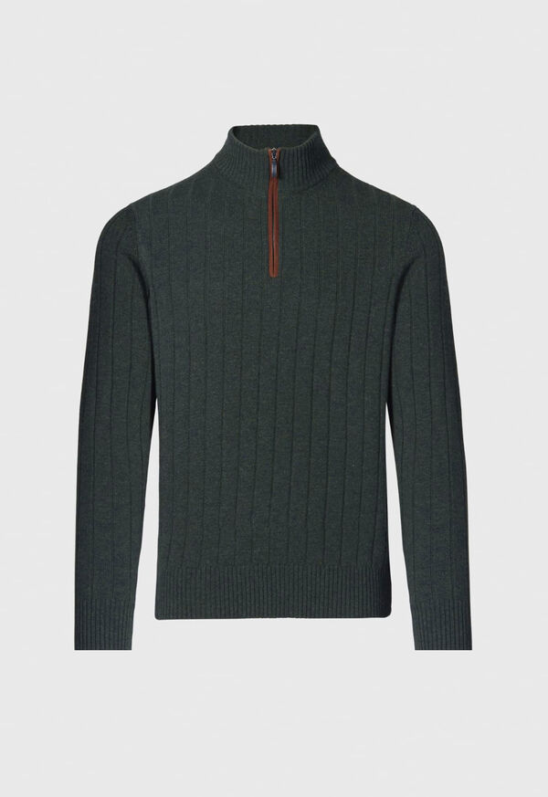 Paul Stuart Ribbed Quarter Zip with Suede Dark Green | NZ_PAUL69892