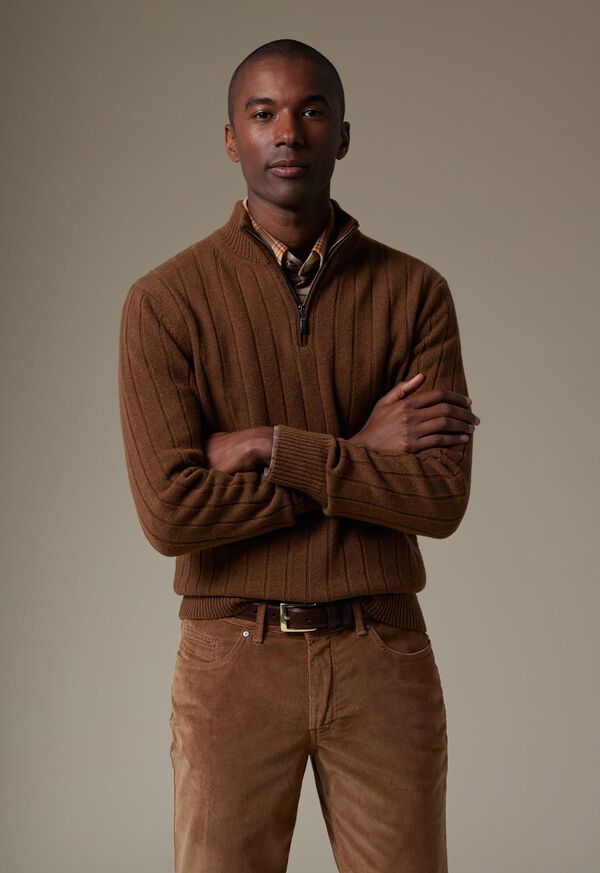 Paul Stuart Ribbed Quarter Zip with Suede Brown | NZ_PAUL25787