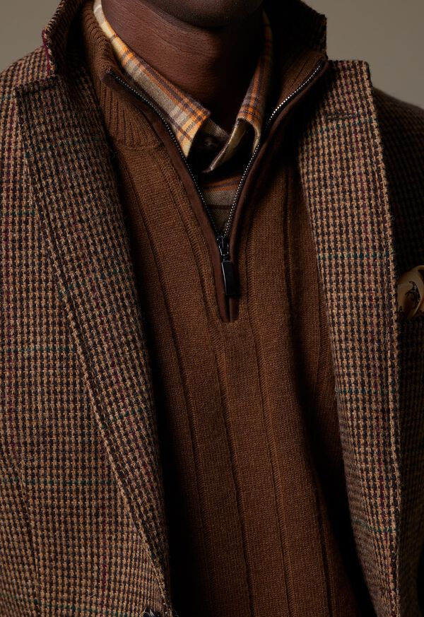 Paul Stuart Ribbed Quarter Zip with Suede Brown | NZ_PAUL25787