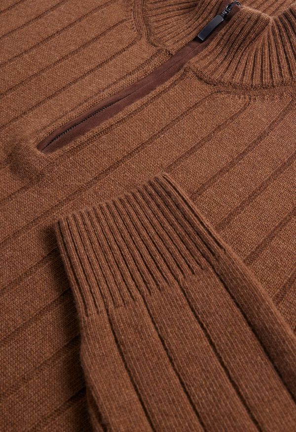 Paul Stuart Ribbed Quarter Zip with Suede Brown | NZ_PAUL25787