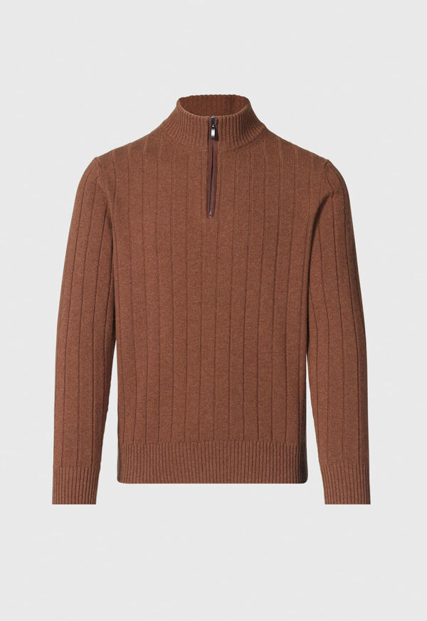 Paul Stuart Ribbed Quarter Zip with Suede Brown | NZ_PAUL25787