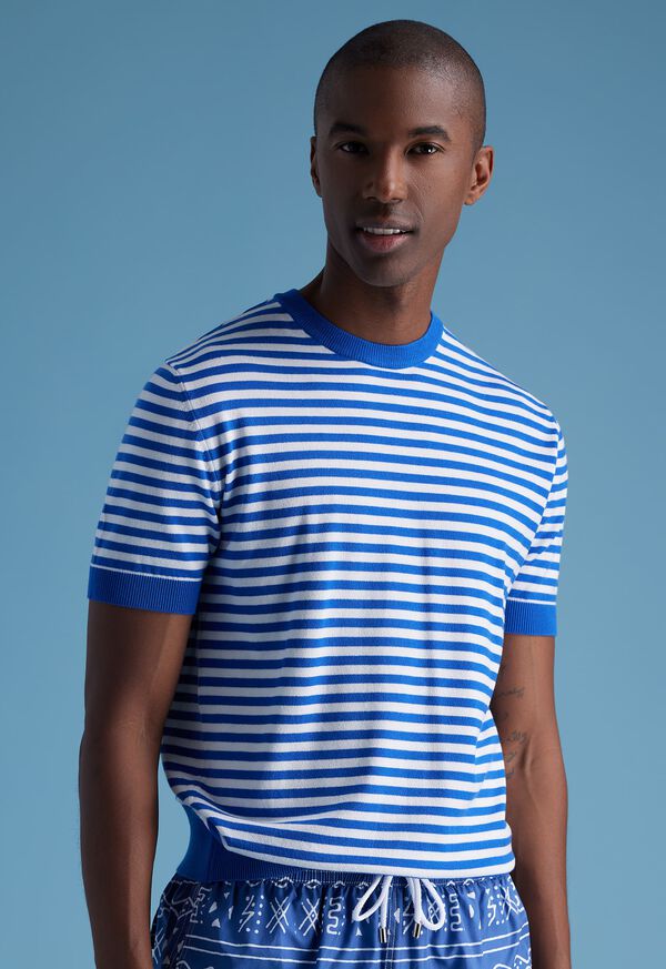 Paul Stuart Stripe Knit Short Sleeve Crewneck Blue / White | NZ_PAUL50373
