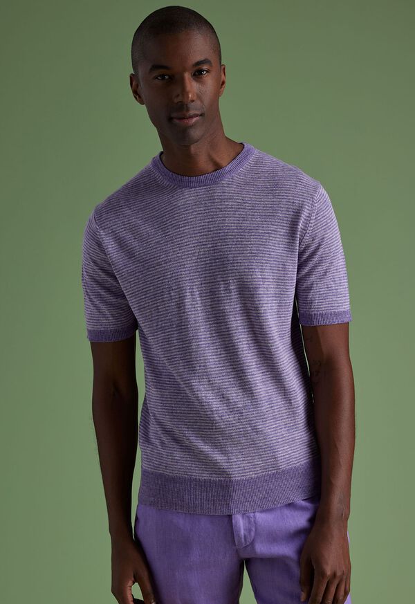 Paul Stuart Striped Short Sleeve Linen Crewneck Lavender | NZ_PAUL62400