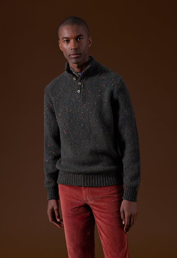Paul Stuart Wool & Cashmere Donegal Button Mock Neck Dark Olive | NZ_PAUL49379