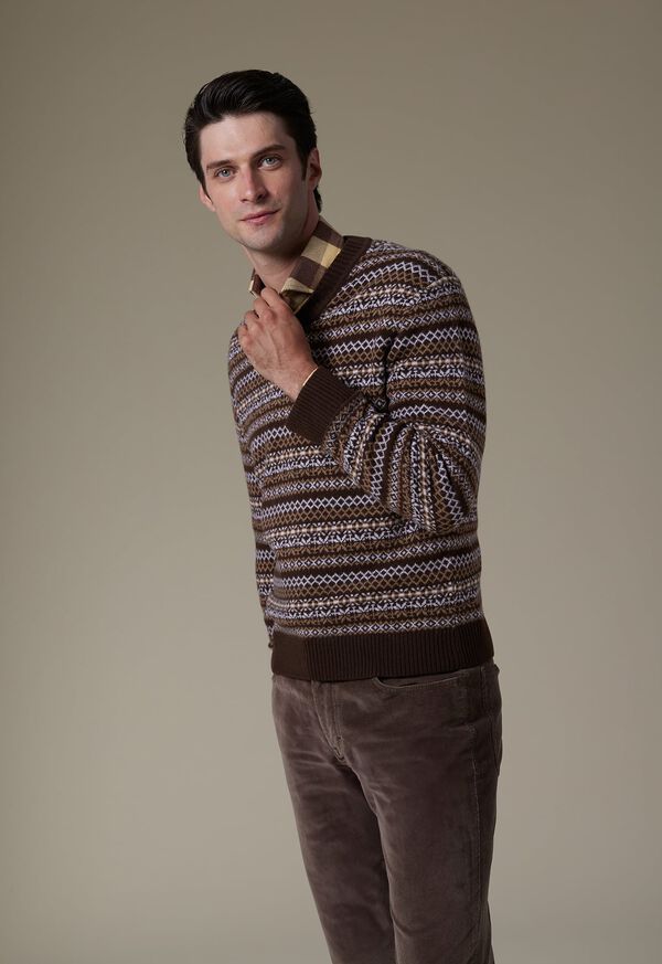 Paul Stuart Wool & Cashmere Fair Isle V-Neck Dark Brown | NZ_PAUL44266