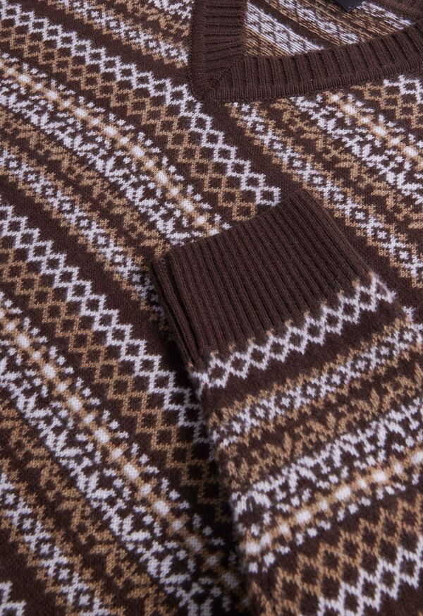 Paul Stuart Wool & Cashmere Fair Isle V-Neck Dark Brown | NZ_PAUL44266